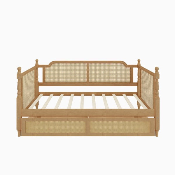 English Elm Traditional Rattan Headboard Twin Daybed with Storage Drawers Pine Frame Guest Room BS701P415472D