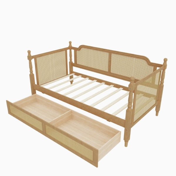 English Elm Traditional Rattan Headboard Twin Daybed with Storage Drawers Pine Frame Guest Room BS701P415472D