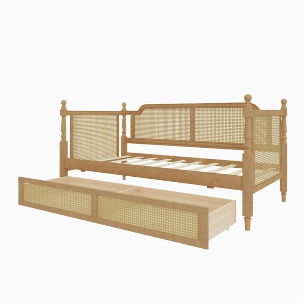 English Elm Traditional Rattan Headboard Twin Daybed with Storage Drawers Pine Frame Guest Room BS701P415472D