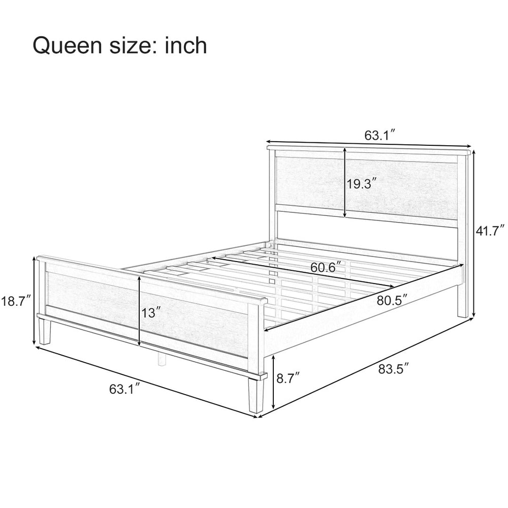 English Elm Mid-Century Queen Platform Bed Solid Pine Frame Low Profile Headboard Slat Support White BS701P420482K