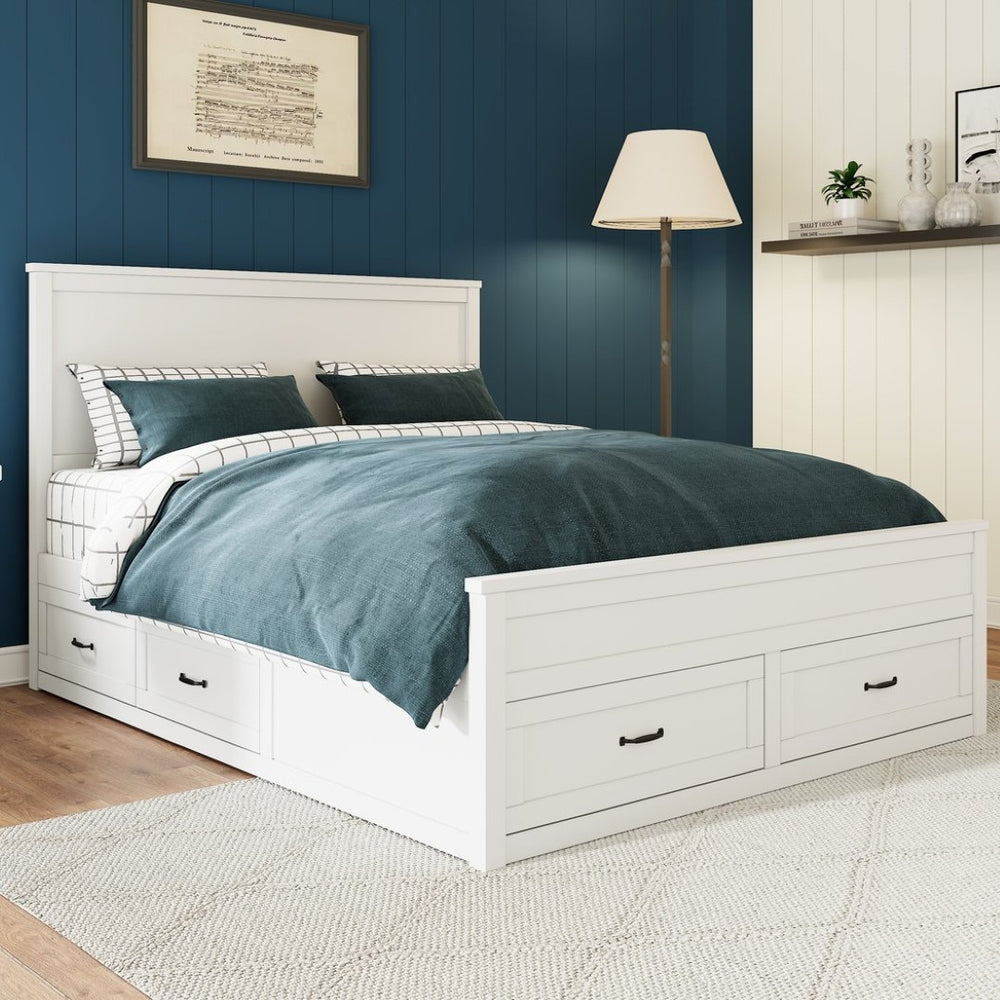 English Elm Modern Queen Platform Bed Solid Pine Frame with Six Built-in Storage Drawers White BS701P422883K