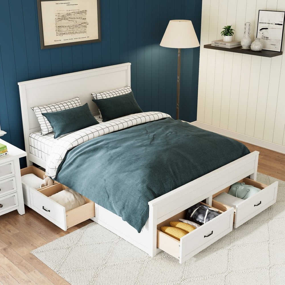 English Elm Modern Queen Platform Bed Solid Pine Frame with Six Built-in Storage Drawers White BS701P422883K
