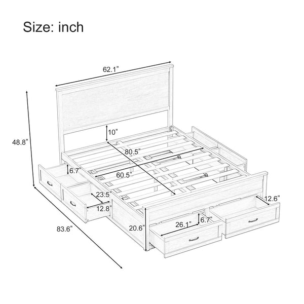 English Elm Modern Queen Platform Bed Solid Pine Frame with Six Built-in Storage Drawers White BS701P422883K