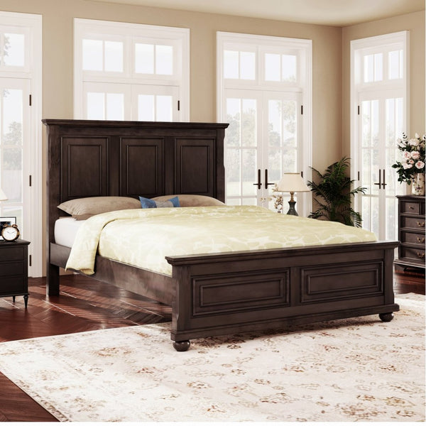 English Elm Traditional Pinewood Queen Panel Bed with Corbels Fretwork and Grooved Molding Detail Brown BS701P422959D