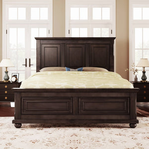 English Elm Traditional Pinewood Queen Panel Bed with Corbels Fretwork and Grooved Molding Detail Brown BS701P422959D