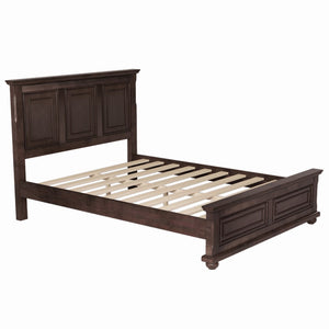 English Elm Traditional Pinewood Queen Panel Bed with Corbels Fretwork and Grooved Molding Detail Brown BS701P422959D