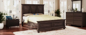 English Elm Traditional Pinewood Queen Panel Bed with Corbels Fretwork and Grooved Molding Detail Brown BS701P422959D
