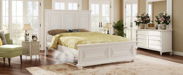 English Elm Traditional Pinewood Queen Panel Bed with Corbels Fretwork and Grooved Molding Detail White BS701P422959K