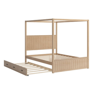 English Elm Modern Queen Canopy Bed Solid Pine Frame with Trundle and Three Storage Drawers Natural BS701P423032N