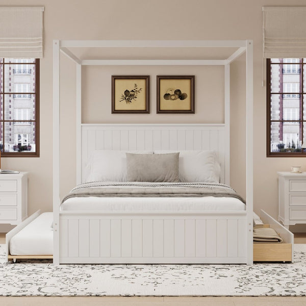 English Elm Modern Queen Canopy Bed Solid Pine Frame with Trundle and Three Storage Drawers White BS701P423032W