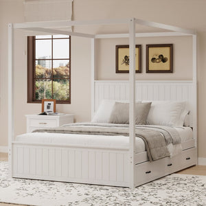 English Elm Modern Queen Canopy Bed Solid Pine Frame with Trundle and Three Storage Drawers White BS701P423032W
