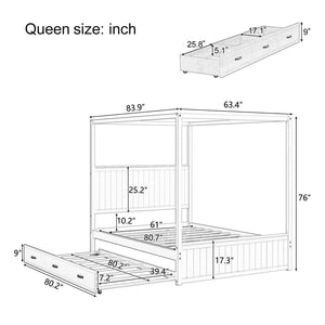 English Elm Modern Queen Canopy Bed Solid Pine Frame with Trundle and Three Storage Drawers White BS701P423032W