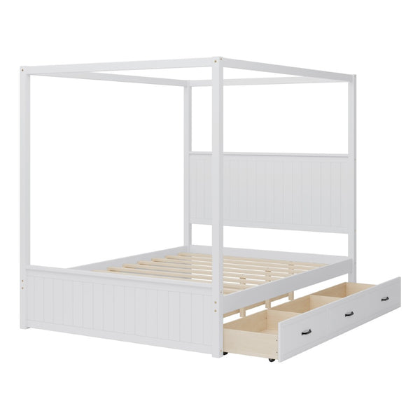 English Elm Modern Queen Canopy Bed Solid Pine Frame with Trundle and Three Storage Drawers White BS701P423032W