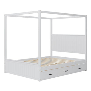 English Elm Modern Queen Canopy Bed Solid Pine Frame with Trundle and Three Storage Drawers White BS701P423032W