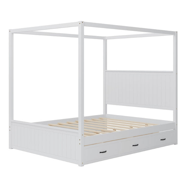 English Elm Modern Queen Canopy Bed Solid Pine Frame with Trundle and Three Storage Drawers White BS701P423032W