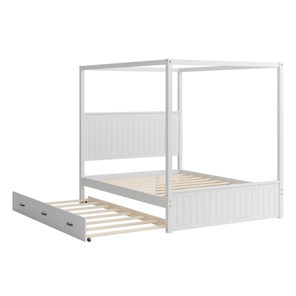 English Elm Modern Queen Canopy Bed Solid Pine Frame with Trundle and Three Storage Drawers White BS701P423032W