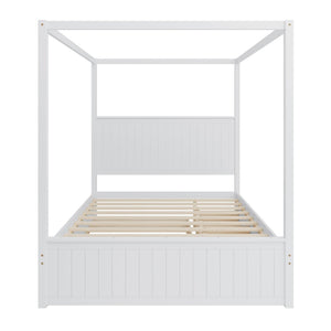 English Elm Modern Queen Canopy Bed Solid Pine Frame with Trundle and Three Storage Drawers White BS701P423032W