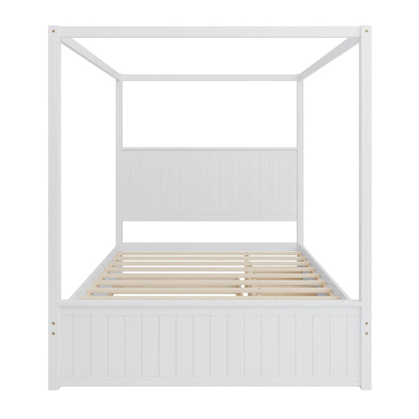 English Elm Modern Queen Canopy Bed Solid Pine Frame with Trundle and Three Storage Drawers White BS701P423032W