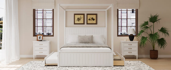 English Elm Modern Queen Canopy Bed Solid Pine Frame with Trundle and Three Storage Drawers White BS701P423032W