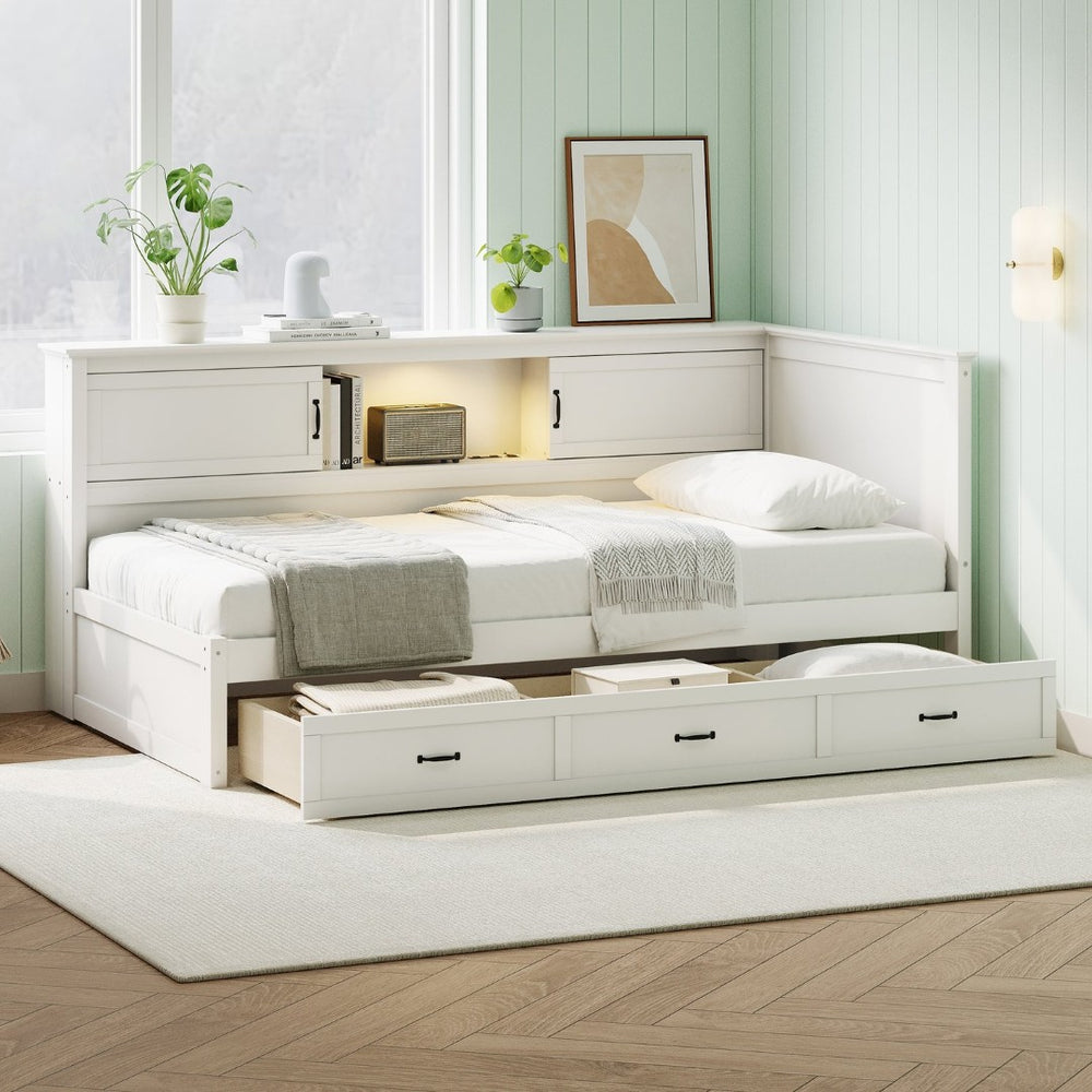 English Elm L-Shaped Corner Bed Twin Pine Wood Frame with Bookcase Storage Drawers and LED Lighting BS701P433490K