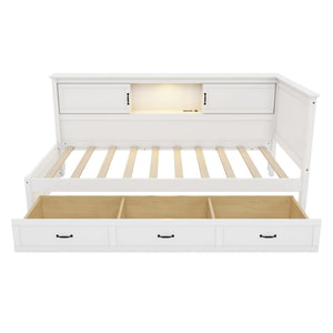 English Elm L-Shaped Corner Bed Twin Pine Wood Frame with Bookcase Storage Drawers and LED Lighting BS701P433490K