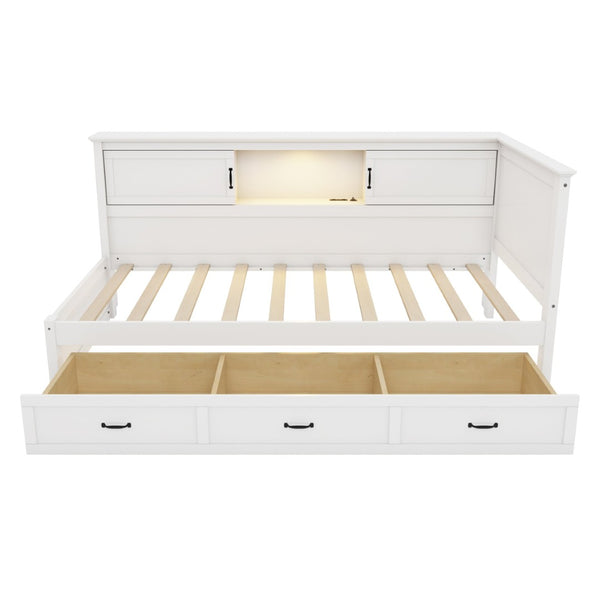 English Elm L-Shaped Corner Bed Twin Pine Wood Frame with Bookcase Storage Drawers and LED Lighting BS701P433490K