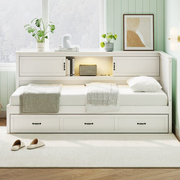 English Elm L-Shaped Corner Bed Twin Pine Wood Frame with Bookcase Storage Drawers and LED Lighting BS701P433490K