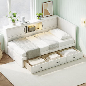 English Elm L-Shaped Corner Bed Twin Pine Wood Frame with Bookcase Storage Drawers and LED Lighting BS701P433490K