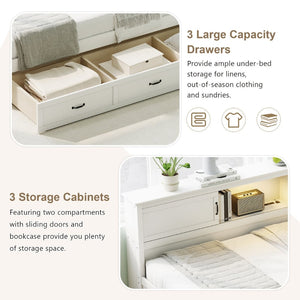 English Elm L-Shaped Corner Bed Twin Pine Wood Frame with Bookcase Storage Drawers and LED Lighting BS701P433490K
