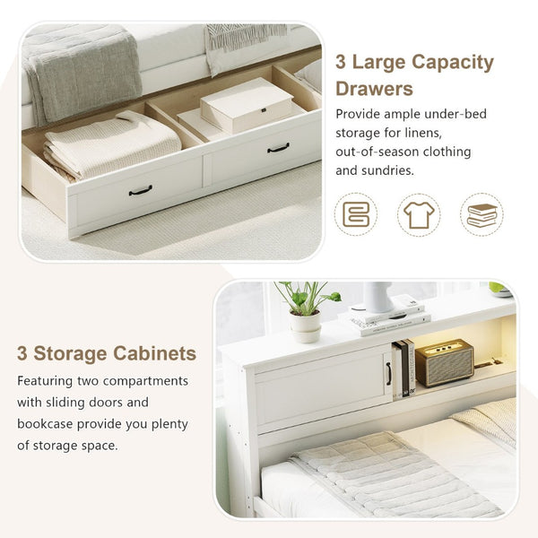 English Elm L-Shaped Corner Bed Twin Pine Wood Frame with Bookcase Storage Drawers and LED Lighting BS701P433490K
