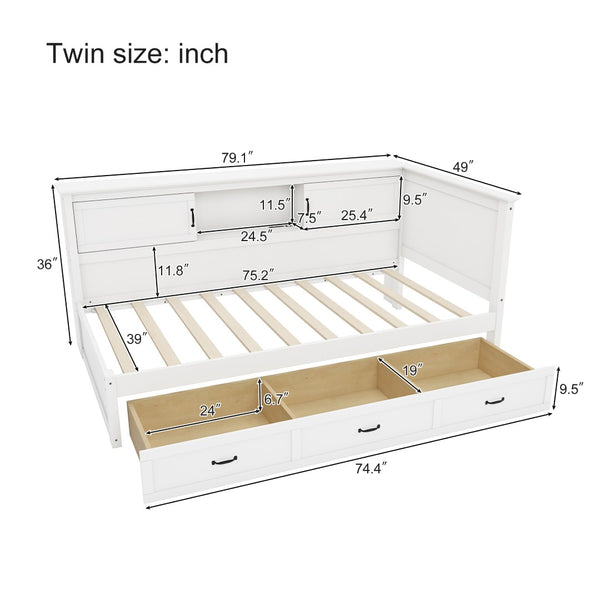 English Elm L-Shaped Corner Bed Twin Pine Wood Frame with Bookcase Storage Drawers and LED Lighting BS701P433490K