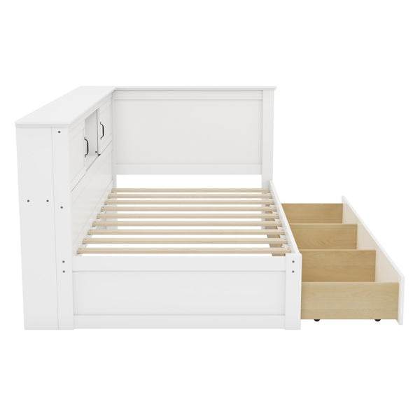English Elm L-Shaped Corner Bed Twin Pine Wood Frame with Bookcase Storage Drawers and LED Lighting BS701P433490K