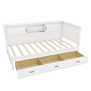 English Elm L-Shaped Corner Bed Twin Pine Wood Frame with Bookcase Storage Drawers and LED Lighting BS701P433490K