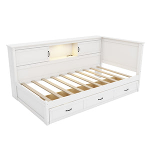 English Elm L-Shaped Corner Bed Twin Pine Wood Frame with Bookcase Storage Drawers and LED Lighting BS701P433490K