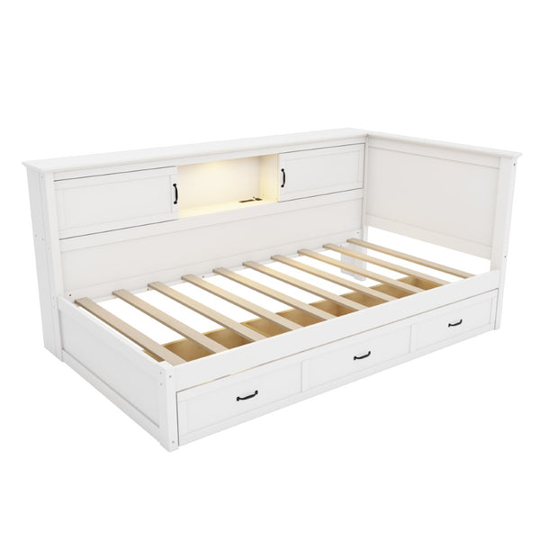English Elm L-Shaped Corner Bed Twin Pine Wood Frame with Bookcase Storage Drawers and LED Lighting BS701P433490K