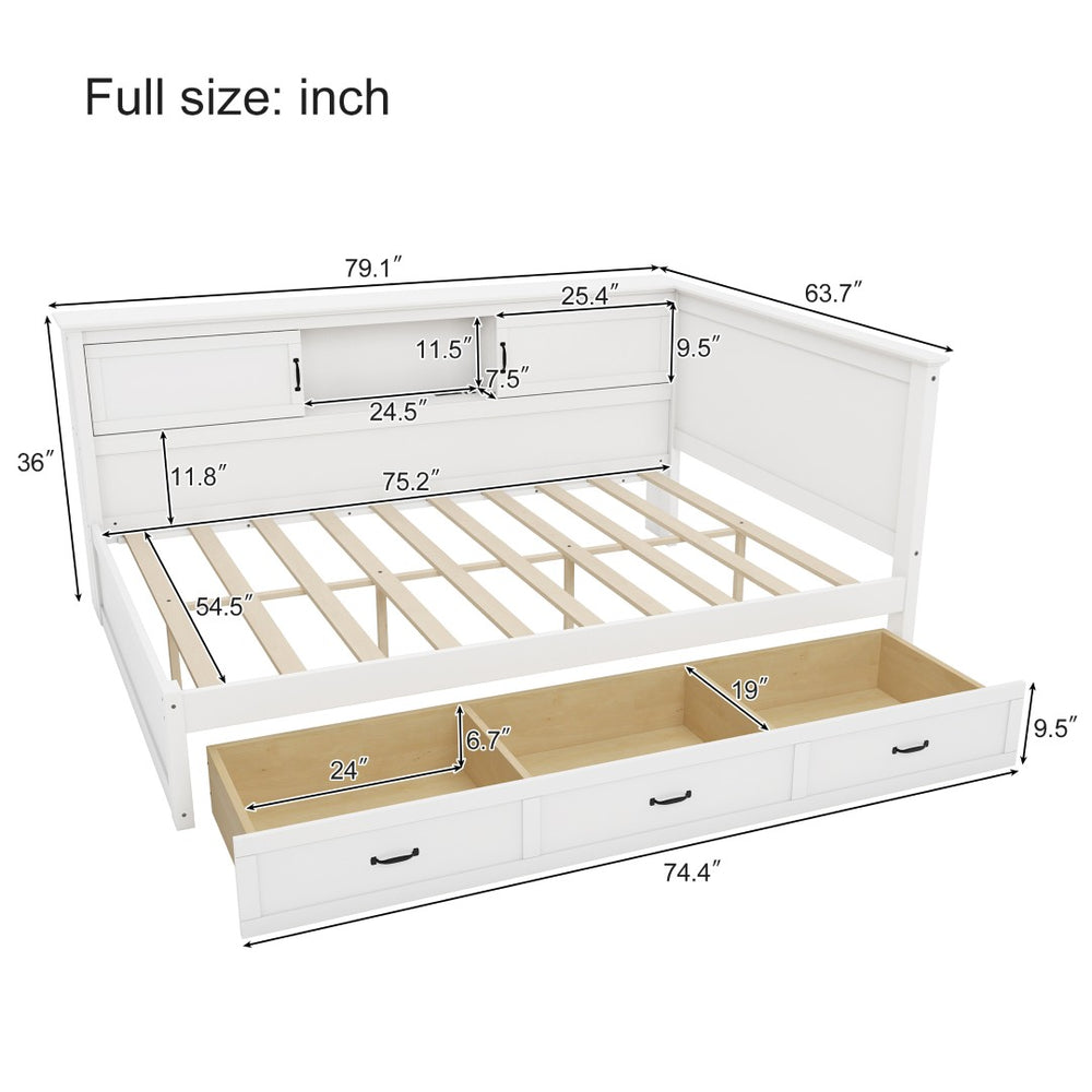 English Elm L-Shaped Full Bed Pine Wood Corner Frame with Bookcase LED Lighting and USB Charging BS701P433503K