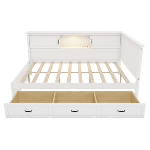 English Elm L-Shaped Full Bed Pine Wood Corner Frame with Bookcase LED Lighting and USB Charging BS701P433503K