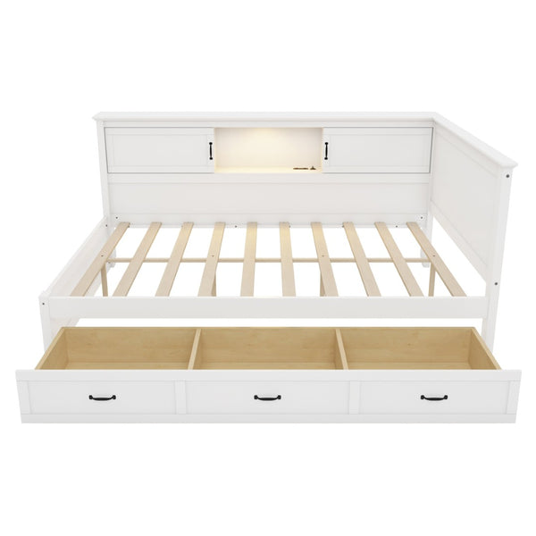 English Elm L-Shaped Full Bed Pine Wood Corner Frame with Bookcase LED Lighting and USB Charging BS701P433503K