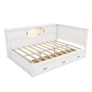 English Elm L-Shaped Full Bed Pine Wood Corner Frame with Bookcase LED Lighting and USB Charging BS701P433503K