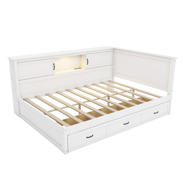 English Elm L-Shaped Full Bed Pine Wood Corner Frame with Bookcase LED Lighting and USB Charging BS701P433503K