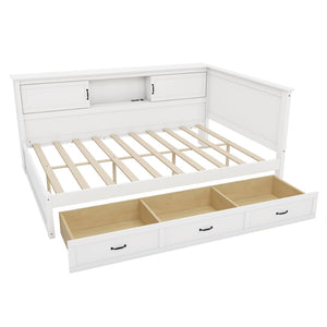 English Elm L-Shaped Full Bed Pine Wood Corner Frame with Bookcase LED Lighting and USB Charging BS701P433503K