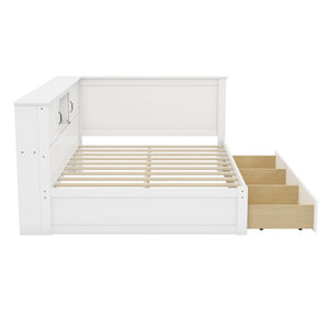 English Elm L-Shaped Full Bed Pine Wood Corner Frame with Bookcase LED Lighting and USB Charging BS701P433503K