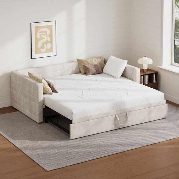 English Elm Modern Queen Platform Bed Solid Pine Frame with Six Built-in Storage Drawers Beige BS701P456668C