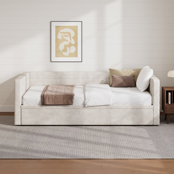 English Elm Modern Queen Platform Bed Solid Pine Frame with Six Built-in Storage Drawers Beige BS701P456668C