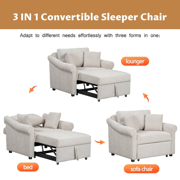 English Elm Chenille Convertible Sleeper Chair Adjustable Backrest Folds Flat Into a Single Guest Bed Beige BS701P468429C
