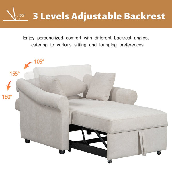 English Elm Chenille Convertible Sleeper Chair Adjustable Backrest Folds Flat Into a Single Guest Bed Beige BS701P468429C