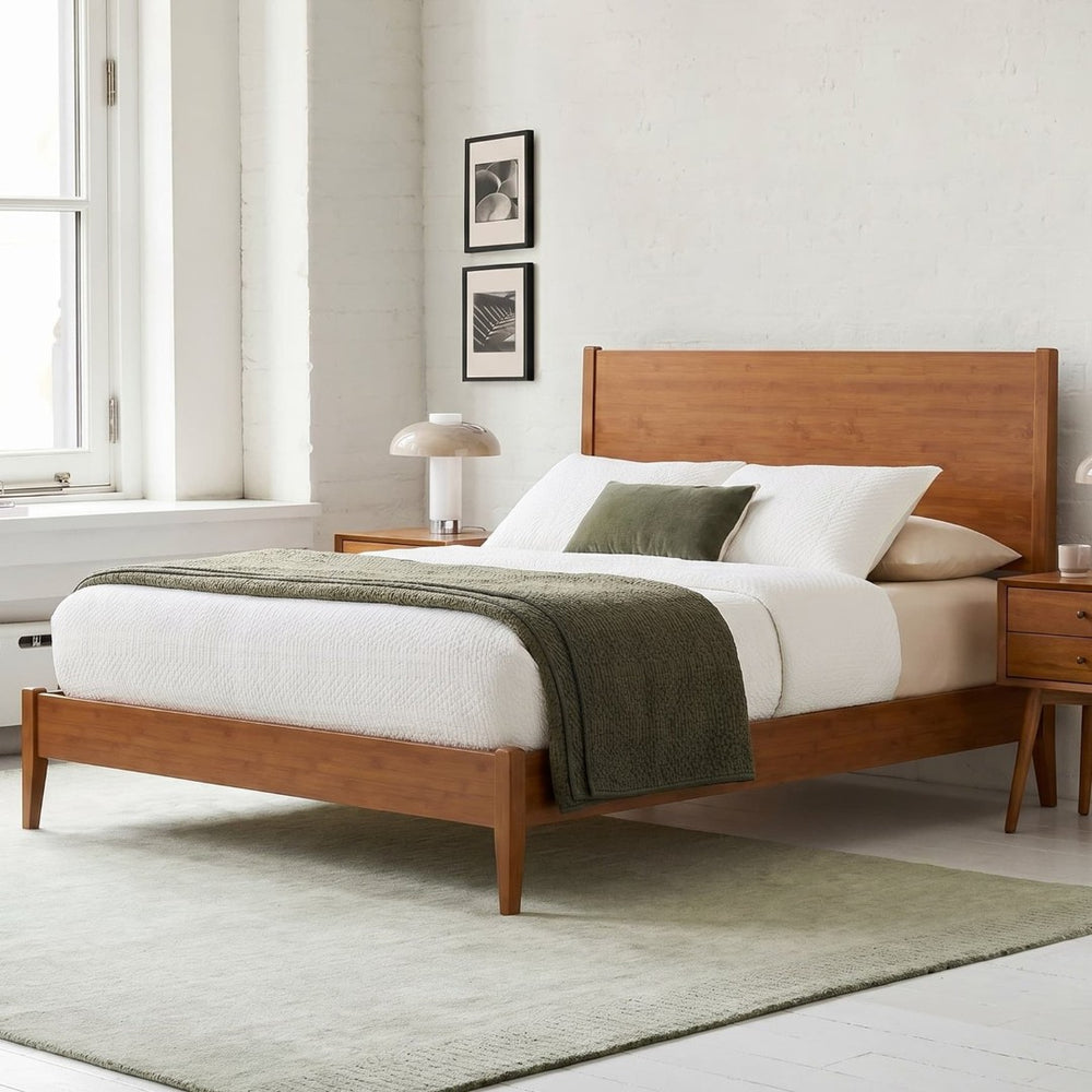 English Elm Mid-Century Solid Bamboo Queen Sleigh Bed Walnut Finish Natural Grain Sled Frame BS701P469055D