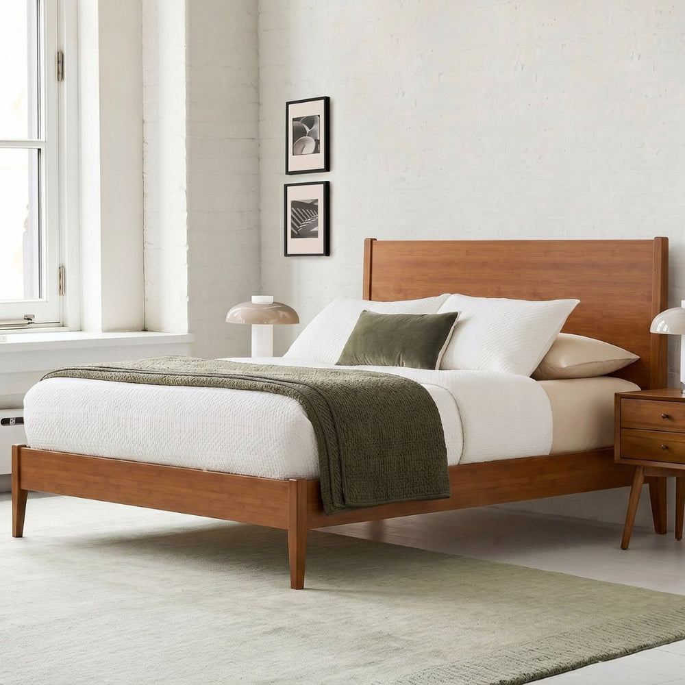 English Elm Mid-Century Solid Bamboo Queen Sleigh Bed Walnut Finish Natural Grain Sled Frame BS701P469055D