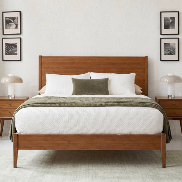 English Elm Mid-Century Solid Bamboo Queen Sleigh Bed Walnut Finish Natural Grain Sled Frame BS701P469055D