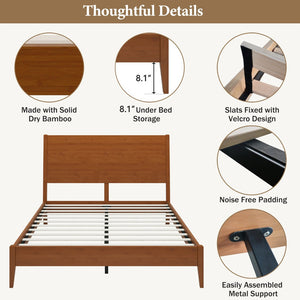 English Elm Mid-Century Solid Bamboo Queen Sleigh Bed Walnut Finish Natural Grain Sled Frame BS701P469055D
